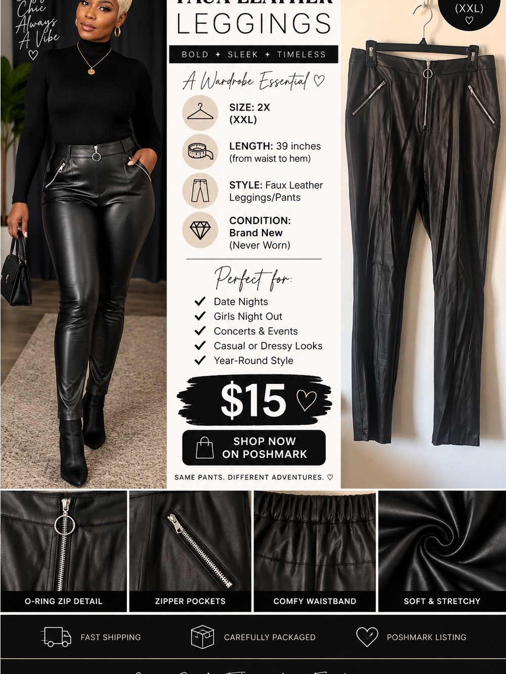 Faux Leather Leggings Pants - Black